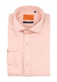 Slanke fit, lichtroze overhemd met een spread collar, knoopsluiting en enkele manchetten. Het materiaal lijkt glad met een subtiele glans.