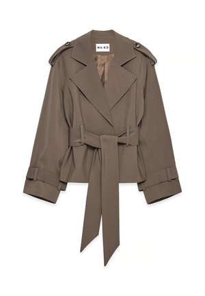 Taupe cropped trench coat with wide lapels, shoulder epaulets, belted waist, and adjustable cuffs laid flat on white background.