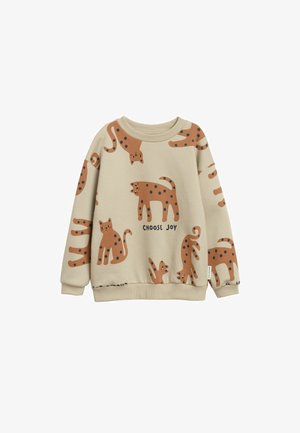 Beżowa bluza z różnymi ilustracjami kotów w brązowym kolorze z czarnymi plamami. Na środku napis "WYBIERZ RADOŚĆ"; prążkowany kołnierz i mankiety.