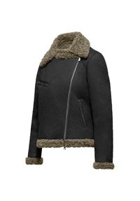 Giacca nera in faux shearling con colletto, polsini e orlo in pelliccia marrone, dotata di una zip frontale asimmetrica e tasche laterali con zip.