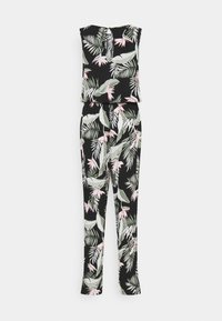 Combinaison noire sans manches avec imprimé tropical de feuilles vertes et fleurs roses, taille élastique, et pantalons droits.