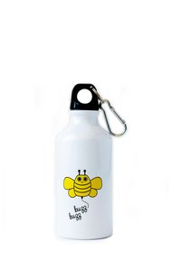 White metal water bottle with a black cap, featuring a yellow cartoon bee design and "buzz buzz" text in black. Includes a carabiner clip.