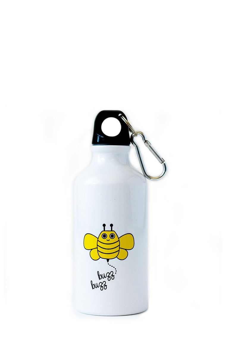 White metal water bottle with a black cap, featuring a yellow cartoon bee design and "buzz buzz" text in black. Includes a carabiner clip.