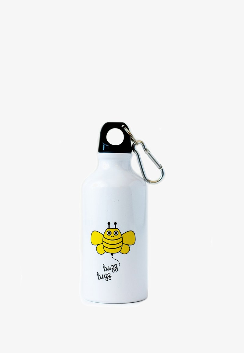 White metal water bottle with a black cap, featuring a yellow cartoon bee design and "buzz buzz" text in black. Includes a carabiner clip.