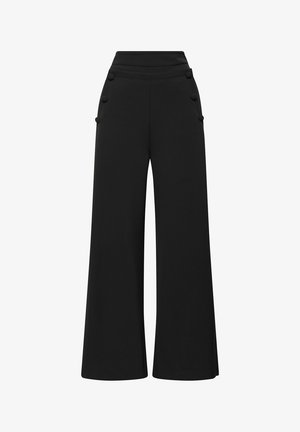 Schwarze, hoch taillierte Hosen mit weitem Bein und sechs mit Stoff bezogenen Knöpfen, je drei auf jeder Seite in Hüfthöhe.