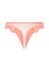 Perzikkleurige stringondergoed met een kanten tailleband, gladde doorzichtige stof en een minimalistisch ontwerp met een driehoekige vorm.