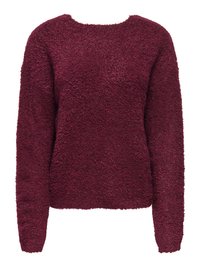 Pull à manches longues, col rond, en maille texturée de couleur bordeaux profond avec une apparence légèrement duveteuse et cosy.