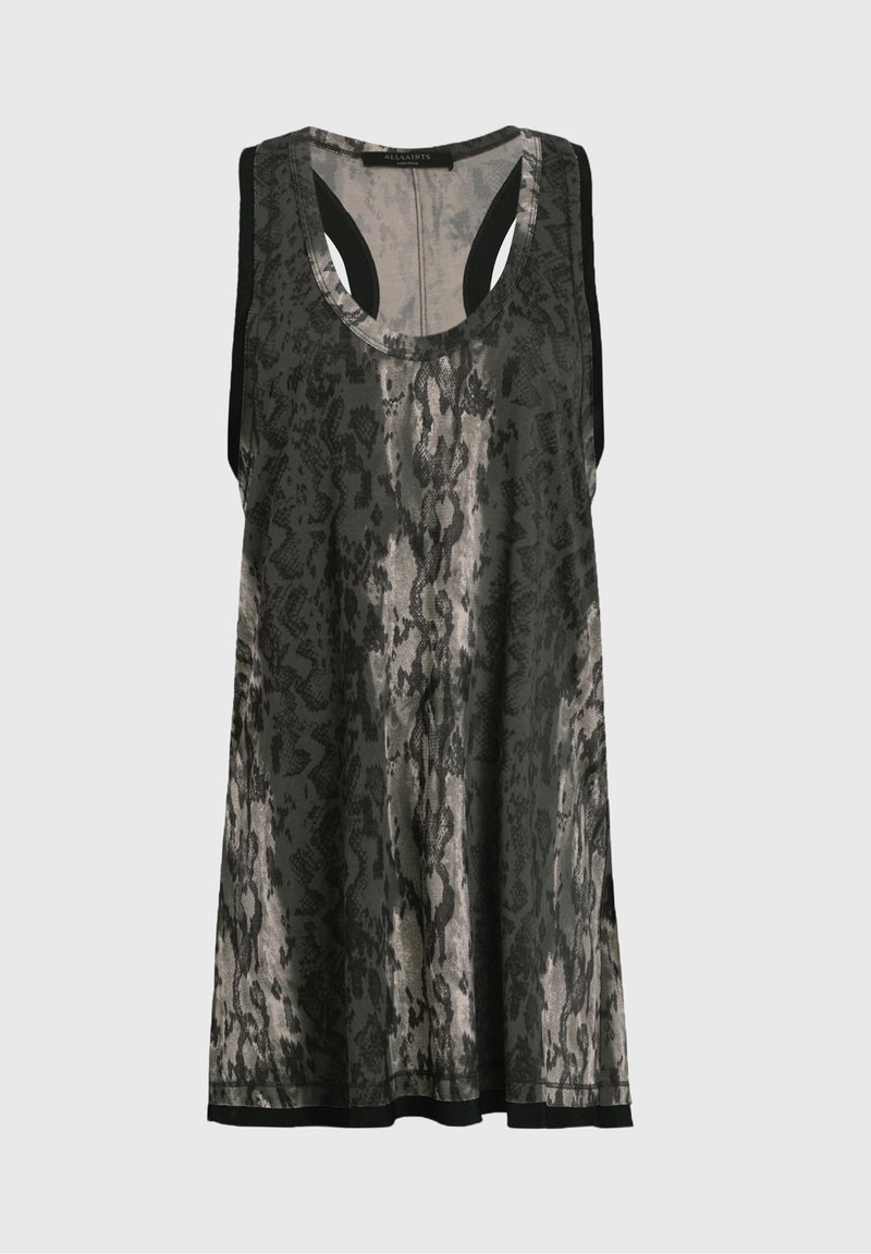Top sin mangas en negro y gris con un patrón de serpiente, escote redondo y dobladillo trasero curvado. Fabricado con una tela ligera y suave.