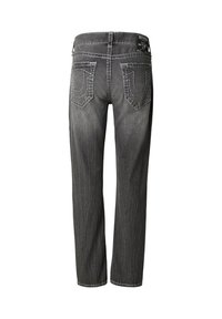 Grijze denimjeans met een rechte pijpvorm. Voorzien van gestikte achterzakken met cirkelvormige ontwerpen en een zwart merkembleem op de tailleband.