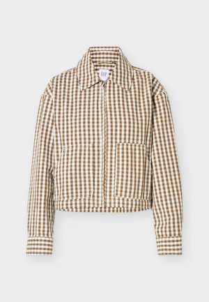 Veste à manches longues à carreaux marron et blanc avec col, fermeture éclair à l'avant, deux poches avant et poignets droits.