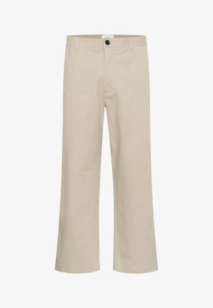 Pantaloni bej cu picioare largi, din bumbac, prevăzuți cu închidere frontală cu nasture, pasuri pentru curea și un finisaj neted, fără textură.