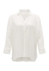 Camicia bianca a maniche lunghe con scollo a V e bottoni anteriori. Presenta una vestibilità rilassata, tessuto morbido e maniche arrotolabili con dettagli in bottone.
