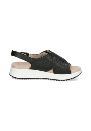 Schwarze Leder-Slingback-Sandale mit strukturiertem Obermaterial, offener Zehenpartie, gepolstertem Fußbett und weißer Gummisohle mit Traktionsrillen.
