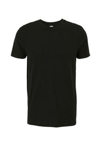 Tricou negru cu mânecă scurtă, cu un design clasic de decolteu rotund, fabricat din material de bumbac moale, cu o textură simplă fără modele.