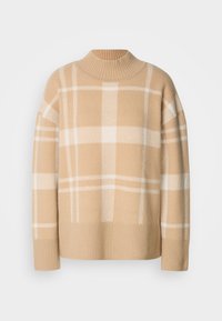 Sweater bege com um padrão xadrez branco, gola redonda canelada e punhos. Textura suave com ombros caídos e ajuste descontraído.