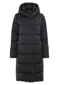 Svart puffjacka med huva, med ett quiltat mönster, flera dragkedjefickor och en medellång längd för extra värme.