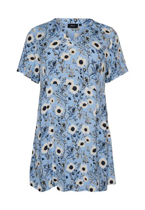 Tunique bleu clair à manches courtes avec imprimé floral blanc et marine et col en V.