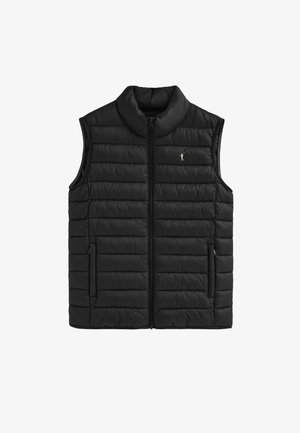 Gilet imbottito nero con colletto alto, texture a righe verticali, zip frontale e tasche laterali. Presenta un piccolo logo sul petto.