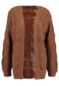 Brązowy sweter zapinany z przodu wykonany z dzianiny, z teksturowanym wzorem liści i długimi rękawami.