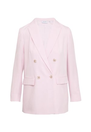 Helles rosa, doppelt geknöpftes Blazer aus glattem Stoff. Verfügt über Reverskragen, zwei Vordertaschen und große runde Knöpfe.