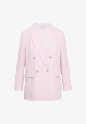 Lichtroze double-breasted blazer van gladde stof. Beschikt over gesneden revers, twee voorzakken en grote ronde knopen.