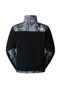 Czarny polarowy sweter z wysokim kołnierzem. Posiada teksturowane szare i białe wzorzyste wstawki na ramionach i rękawach. Miękki, ciepły materiał.