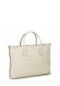 Sac fourre-tout en cuir beige avec une finition texturée, deux poignées sur le dessus, des accents noirs et des détails en métal doré sur les côtés.