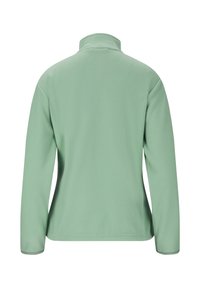 Grüne Fleecejacke mit hohem Kragen und langen Ärmeln. Weiche Textur; schlichtes Design ohne sichtbare Muster oder Hardware-Akzente.