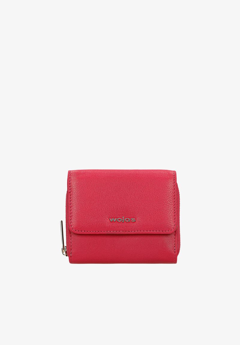 Roze leren portefeuille met een gestructureerde afwerking, voorzien van een klepsluiting, zilverkleurige hardware en een 'wojas'-logo dat aan de voorkant is geperst.