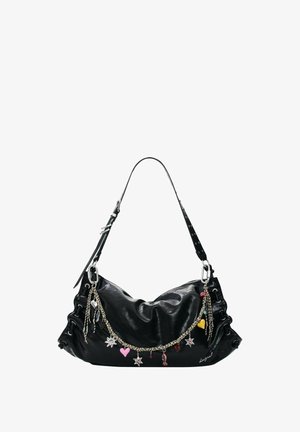 Black leather shoulder bag with a slouchy design, featuring metallic hardware, a detachable strap, and decorative charms in various colors.