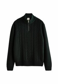 Ciemnozielony dzianinowy sweter z wysokim kołnierzem, półsuwańcem z przodu, strukturalnym wzorem oraz prążkowanymi mankietami i hemem.