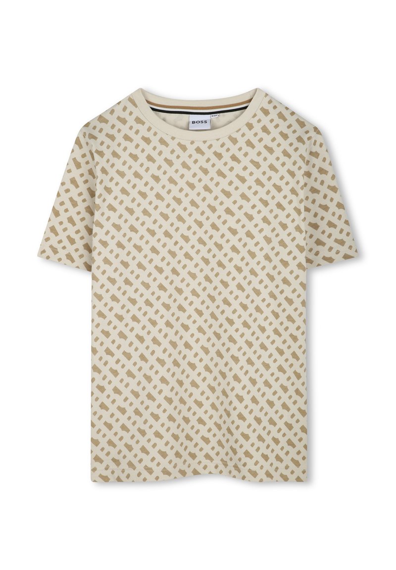 Short-sleeve T-shirt in light beige fabric, featuring a grid-like pattern in brown. Round neckline with a contrasting trim.