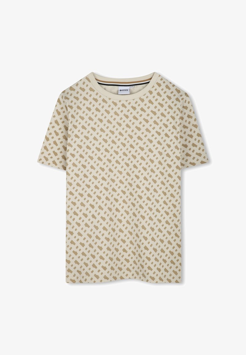 T-shirt à manches courtes en tissu beige clair, ornée d'un motif en quadrillage brun. Encolure ronde avec une bordure contrastante.