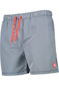 Marineblaue und weiße gestreifte Badehosen mit elastischem Bund, ropem Kordelzug und kleinem Logo-Patch auf der linken unteren Seite.