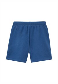 Pantaloni corti in cotone blu con vita elastica, caratterizzati da un design semplice e una texture liscia. Senza tasche o dettagli aggiuntivi.