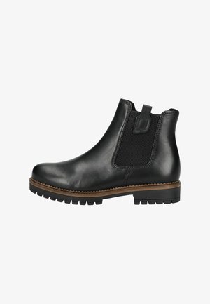 Schwarze Leder-Stiefeletten mit elastischen Seitenpaneelen, einer Schlaufe zum Ziehen und einer strukturierten Gummisohle. Gestickte Details auf Höhe der Sohle.