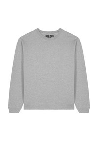 Felpa grigia con maniche lunghe, scollatura rotonda e polsini a costine. Il tessuto ha una texture liscia con una leggera elasticità. Etichetta del marchio visibile.