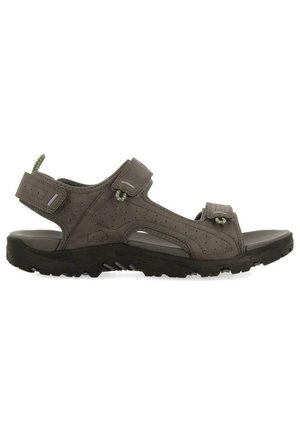 Sandale pour homme avec tige en suède gris, doubles straps ajustables et design perforé. Elle présente une semelle intérieure rembourrée et une semelle extérieure en caoutchouc noir texturé.