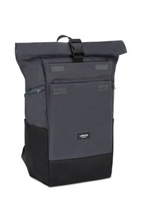 Roll-top backpack in dark grey and black, featuring a buckle closure, front pocket with Velcro, and side zipper, made of durable fabric.