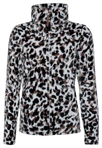 Giacca in fleece con collo alto, caratterizzata da una base bianca e un motivo maculato in nero e marrone. Chiusura con zip completa.