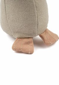 Soft plush duck toy in beige fabric with textured body, light pink fabric feet, and stitched details on foot pads. Rounded shape.