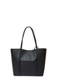 Borsa tote in pelle nera con superficie strutturata, apertura superiore e doppi manici lunghi. Presenta una piccola tasca frontale per riporre oggetti.