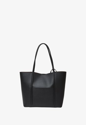 Black leather tote bag with textured exterior, open top, and dual long handles. Features a small front pocket for storage.