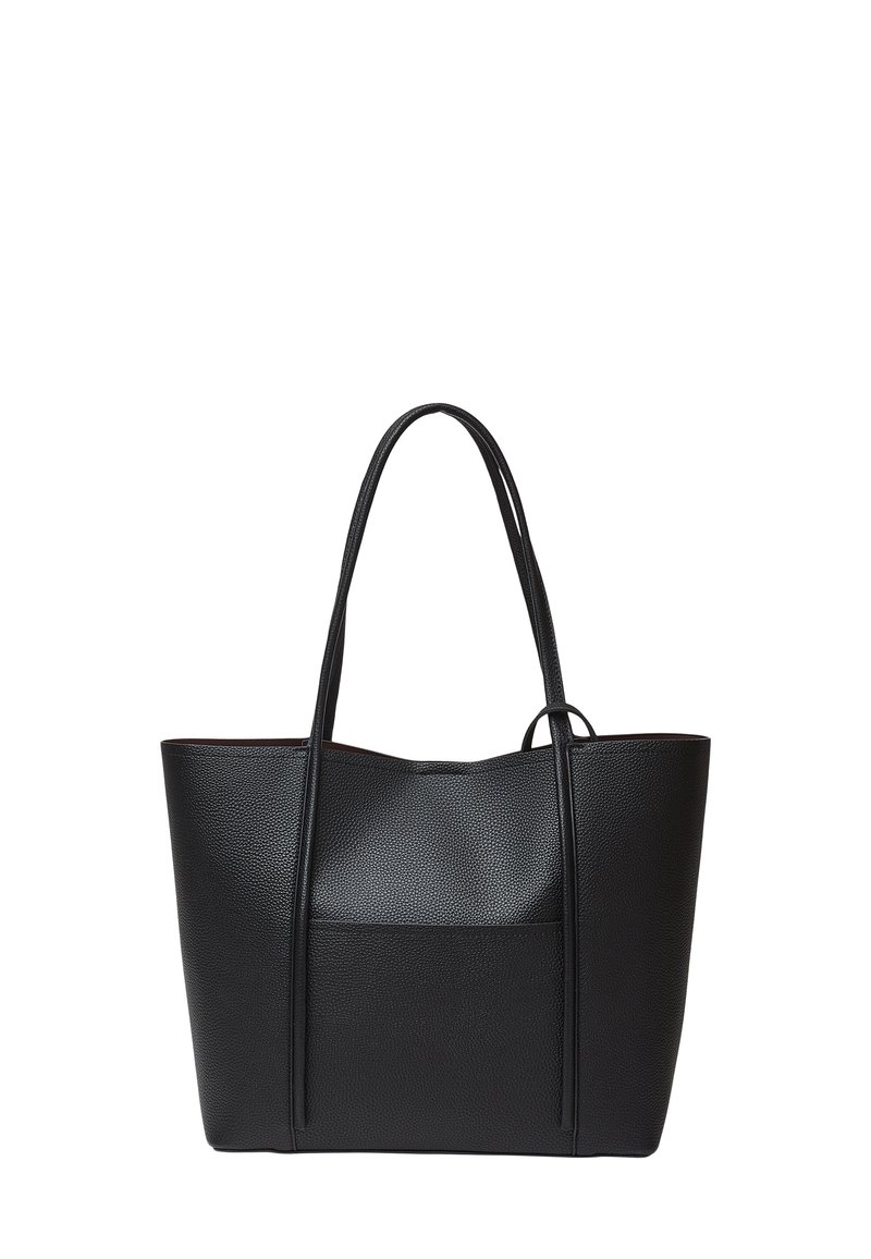 Borsa tote in pelle nera con superficie strutturata, apertura superiore e doppi manici lunghi. Presenta una piccola tasca frontale per riporre oggetti.