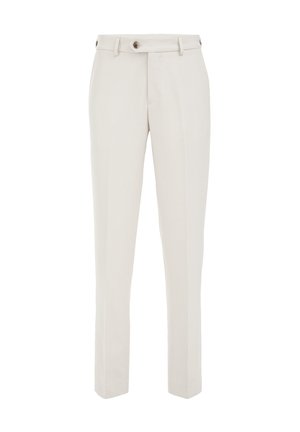 Šviesiai rudos kelnės, pagamintos iš lengvos medžiagos, su pritaikytu siluetu, dviem priekinėmis kišenėmis ir vienu mygtuko užsegimu juosmens srityje.