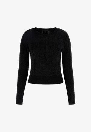 Pull en tricot noir avec un col rond, des manches longues et une texture côtelée. Présente des motifs en tricot torsadé et une taille raccourcie.