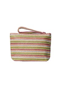 Sac à main tissé avec un motif en zigzag, mettant en avant des couleurs rose, vert et jaune. Comprend une anse en boucle pour le transport.