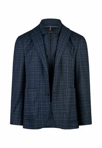 Navy-kariertes Blazer mit zwei Fronttaschen, Reverskragen, einem Knopfverschluss und einem gefütterten Innenfutter mit Reißverschluss.