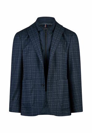 Marine ruitblazer met twee voorzakken, geknipte revers, een enkele knoopsluiting en een rits binnenvoering.