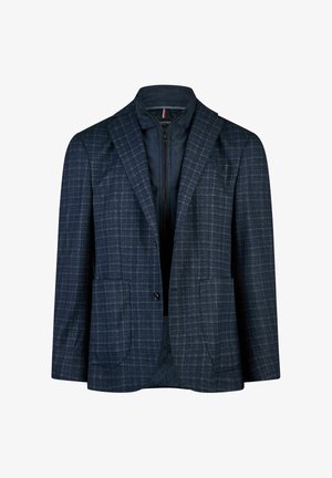 Marine ruitblazer met twee voorzakken, geknipte revers, een enkele knoopsluiting en een rits binnenvoering.